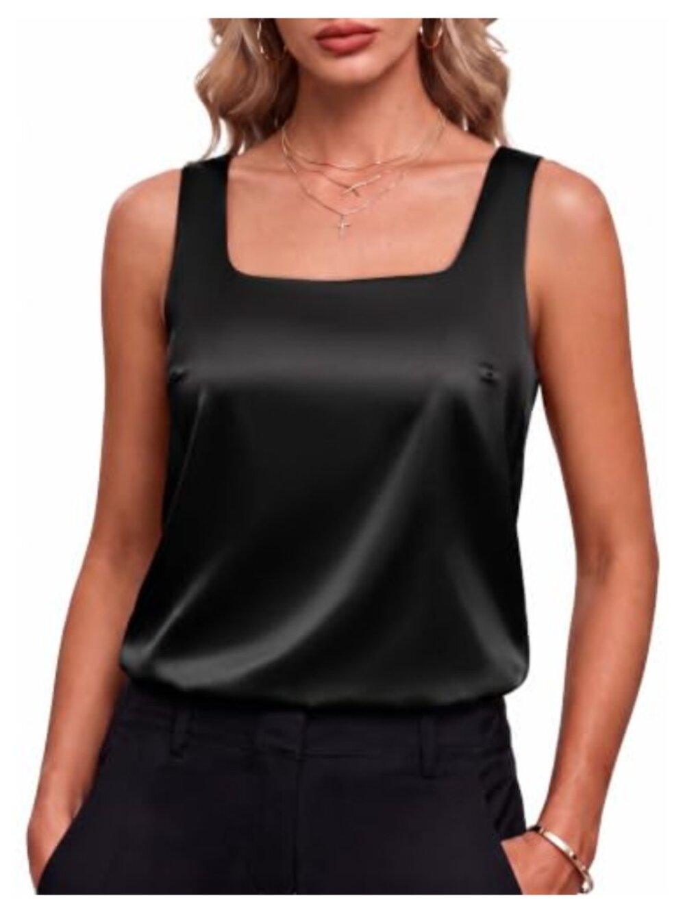 Lined Satin Tank Top Square Neck Sleeveless Camisole